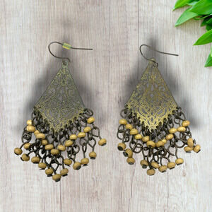 Vintage Y2K Byzantine Brass Tone Dangle Earrings Faience Bead Pierced Bohemian